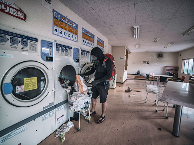 laundry left behind in fukushima red zone since march 2011, people left so quickly they forgot their landry… 5 years later is still here , i found alot of 100 yen coin all around this shop.