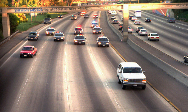 In 1994, O.J. Simpson was pursued by police in his white Bronco before going to trial for the murder of his wife.

Can you believe that it's been 22 years since O.J. Simpson's case? The former running back hopped in his white Ford Bronco, leading Los Angeles police on a highs speed chase. The pursuit lasted for about 90 minutes. Simpson fled because detectives found evidence linking him to to the murder of his ex-wife Nicole Brown Simpson and her friend Ron Goldman.