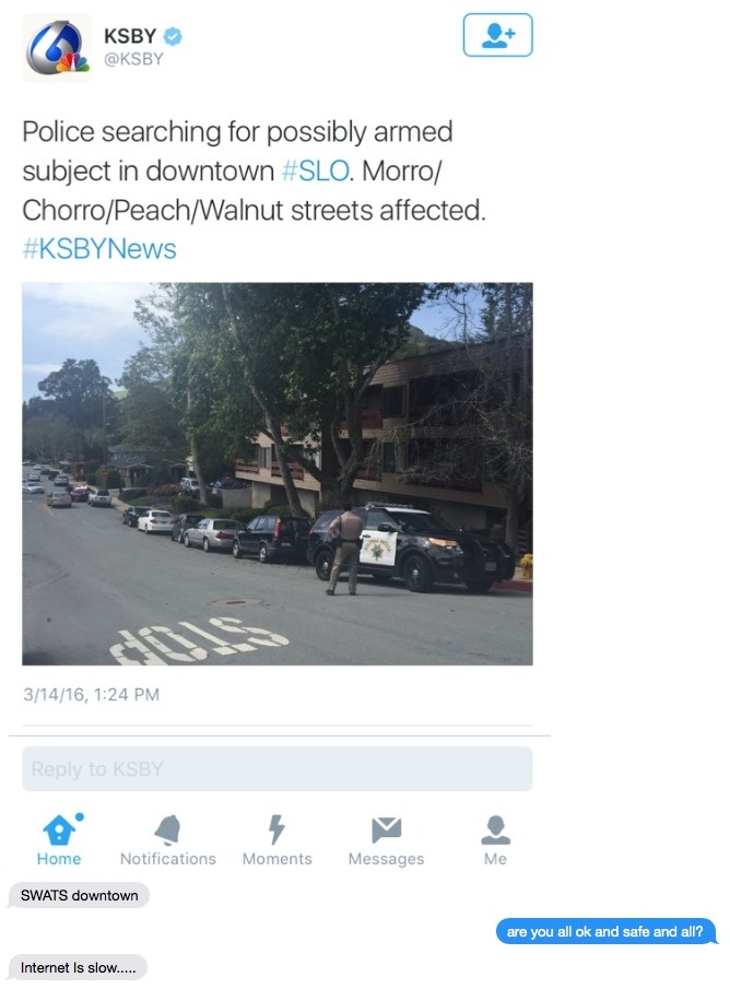 screenshot - Ksby Police searching for possibly armed subject in downtown . Morro ChorroPeachWalnut streets affected. 31416, to Ksby Home Notifications Moments Messages Me Swats downtown are you all ok and safe and all? Internet is slow.....
