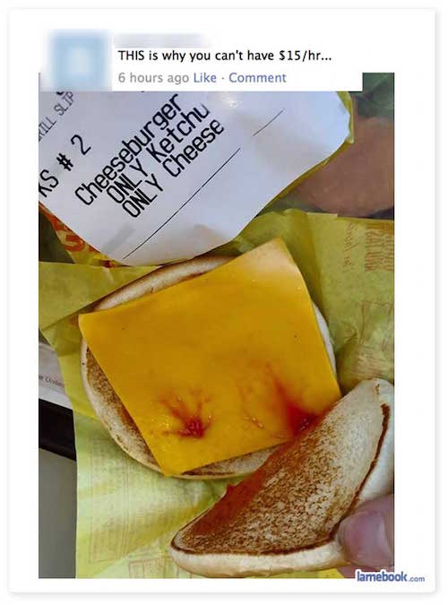 fruit - This is why you can't have $15hr... 6 hours ago Comment Till Slip Ks # 2 Only Ketchu Cheeseburger Only Cheese lamebook.com