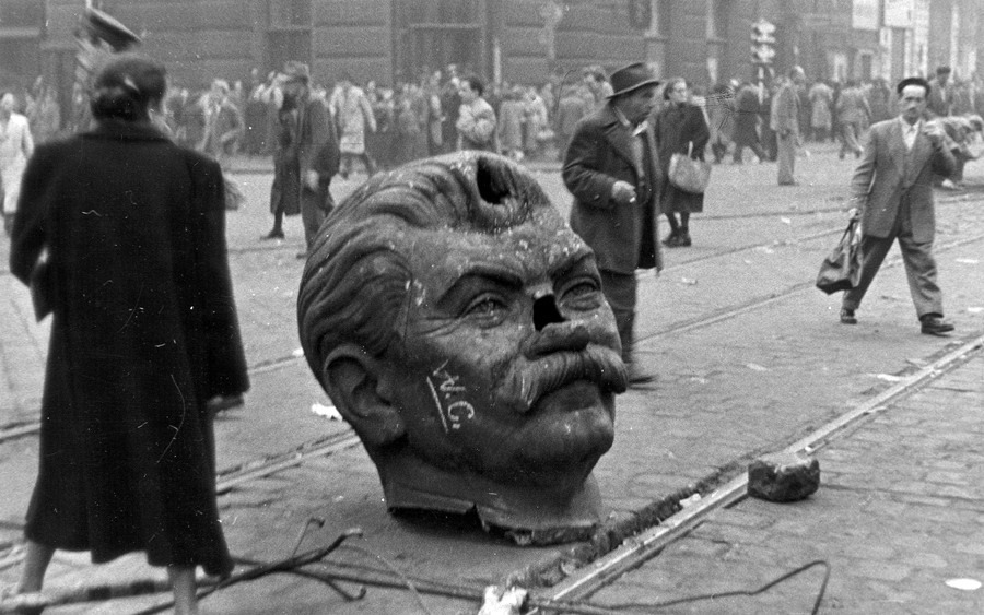 A decapitated statue of Joseph Stalin’s head on the streets of Budapest during the Hungarian Revolution of 1956