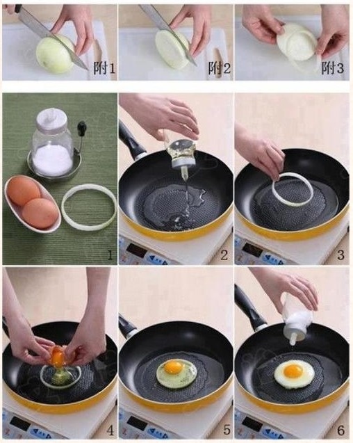 Want to cook a perfectly round, sunny side up egg?

All it takes is a non-stick pan, a bit of oil, and a ring of onion to achieve rounded egg greatness -- and it fits perfectly onto your sandwich.