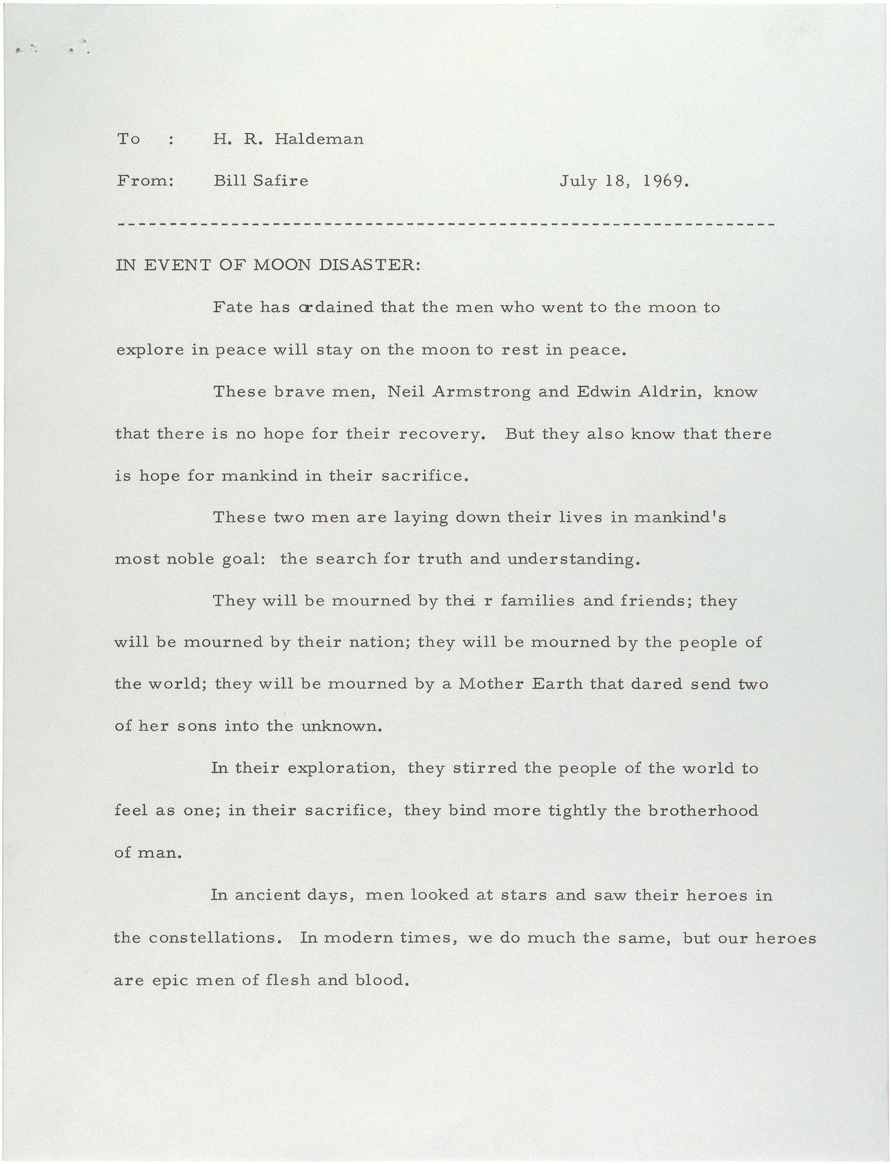 The official statement by President Nixon to be read in case the astronauts were stranded on the Moon – July 18, 1969