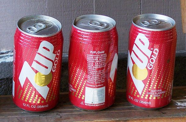 7Up Gold was marketed for a short time in 1988 as a spice-flavored beverage, similar to Vernor’s Ginger Ale. Even though 7Up’s marketing slogan at that time was “Never Had It, Never Will,” referring to caffeine, 7Up Gold did list caffeine as one of its ingredients.