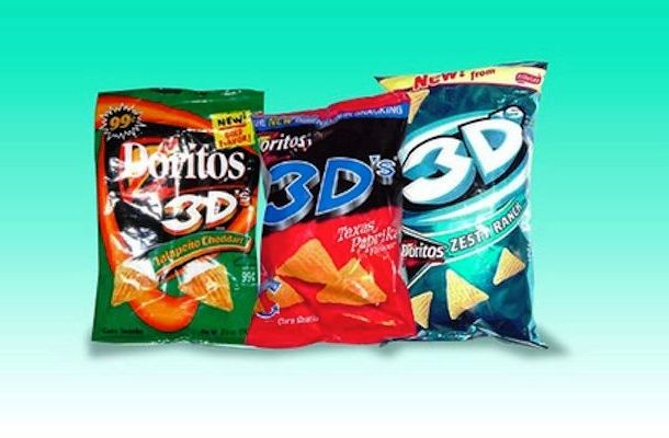 The Doritos 3D line was introduced in the 1990’s. These now discontinued snacks have been described as “Doritos-meets-Bugles.” Flavors included Jalapeño Cheddar, Nacho Cheese, and Zesty Ranch.
