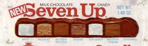 The Seven Up Bar was a candy bar comprising 7 different chocolate “pillows,” each filled with a different flavor. Flavors changed with the availability and popularity of ingredients, which included brazil nut, buttercream, caramel, cherry, coconut, fudge, mint, nougat, and orange.