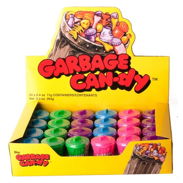 These plastic garbage cans in blue, green, purple, and pink surprised you with tart pressed powder candies in fruity flavors presented in classic garbage items like cans, bottles, and fish bones.