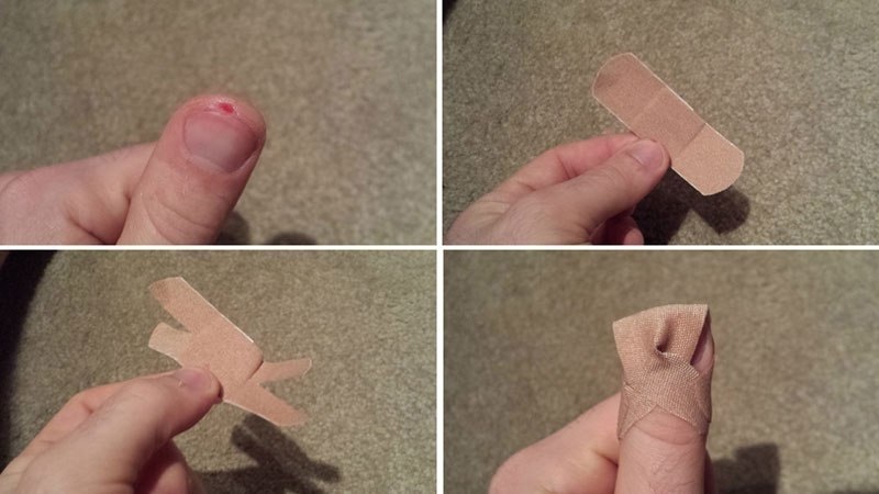 Cut slits into the slides of your band-aid for pesky finger cuts.
This method will prevent the bandages from always slipping off.