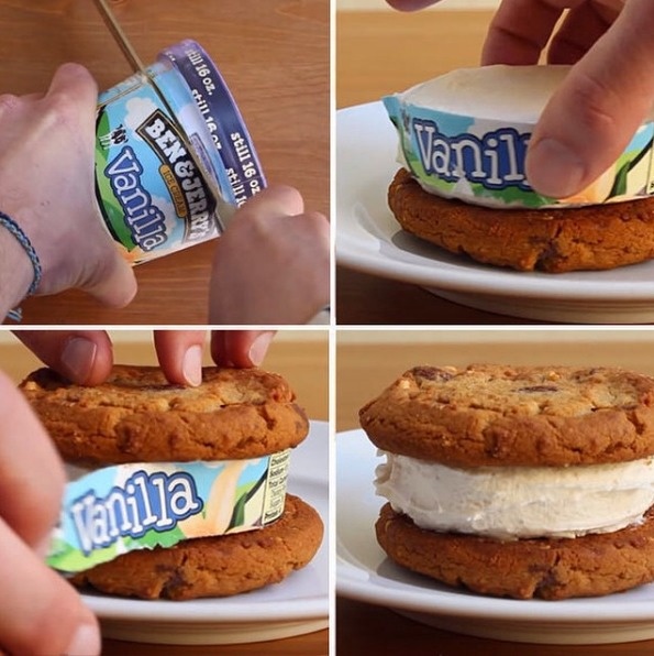 Slice a piece of a mini pint of ice cream and place it between two large cookies for a super neat ice cream sandwich!
Let's take a moment to thank the genius who came up with this.