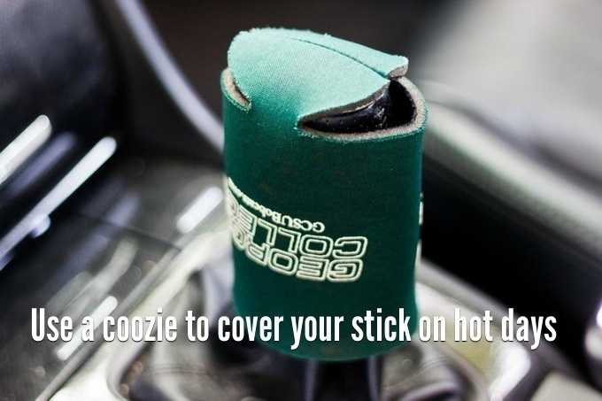 On hot days where your car is unbearable to be in, place a coozie over your shift stick.
Save yourself from a hand burn.