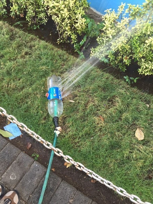 If you don't have sprinklers at your house, create your very own one out of a hose and empty plastic bottle.
Just cut multiple holes into the plastic bottle and place it over a running hose.