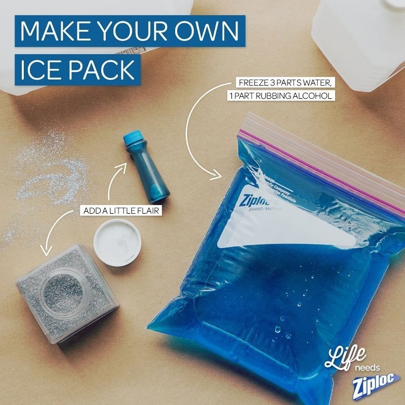 Create your very own legit ice pack by freezing 3 parts water with 1 part rubbing alcohol.
You can add a little glitter if you want your ice pack to have some decorative flair.