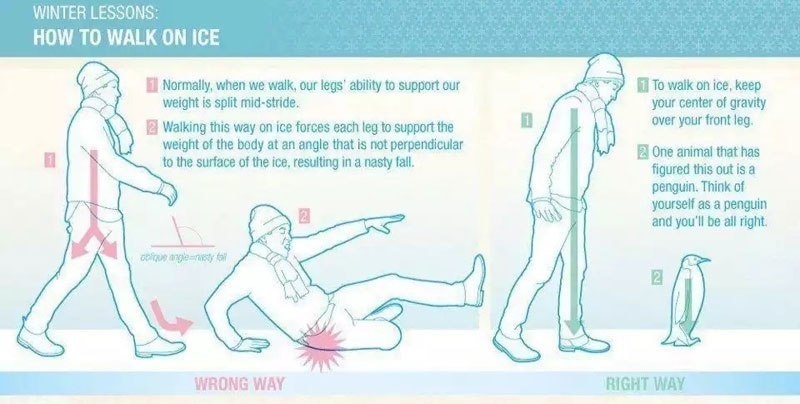 When walking on ice, keep the center of your gravity on your front leg instead of mid-stride.
If that's confusing, just think of how a penguin walks.
