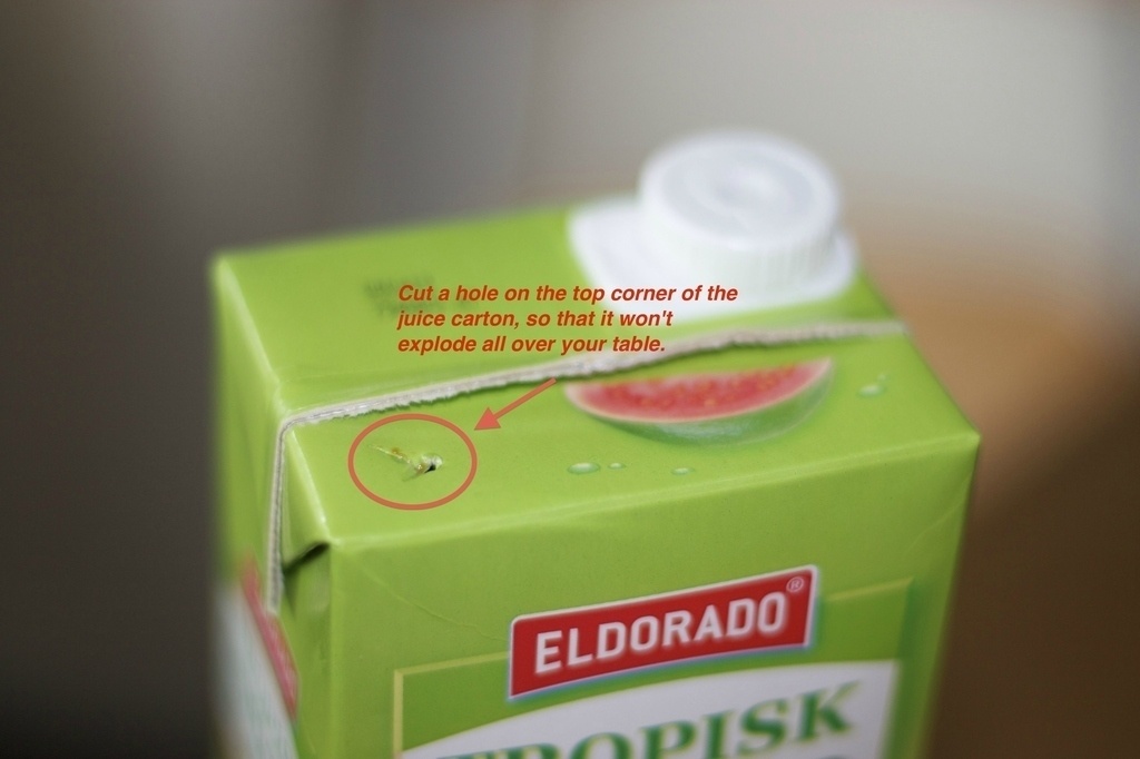 To ensure that your juice box doesn't explode all over the table, cut a tiny hole in the top corner of the box.
Now you don't have to worry about a sticky mess.