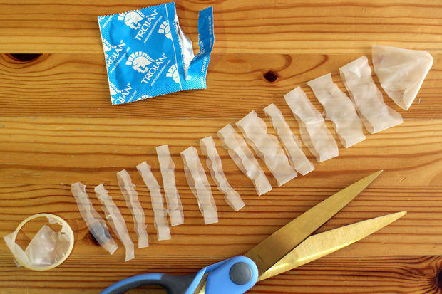 Here's a particularly disturbing way to use them.
Fresh out of rubber bands? Get out your condom and a pair of scissors. Lay the condom flat and cut straight vertical lines.