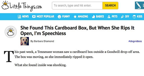 click bait Little Things.com To search, type and hit enter. Search News Most Popular Funny Amazing Babies Pets Diy Kids She Found This Cardboard Box, But When She Rips It Open, I'm Speechless By Barbara Diamond his past week, a Tennessee woman saw a cardb