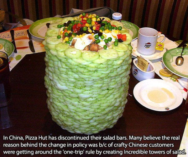 chinese pizza hut salad bar - Her In China, Pizza Hut has discontinued their salad bars. Many believe the real reason behind the change in policy was bc of crafty Chinese customers were getting around the 'onetrip' rule by creating Incredible towers of sa