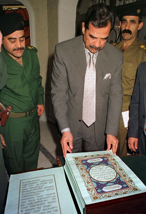 Saddam Hussein had a Qur’an printed in his own blood for his 60th birthday. It took two years and 27 liters of blood for the calligrapher to complete all 114 chapters. The project was the result of Hussein re-embracing his religion after his son Uday survived an assassination attempt.