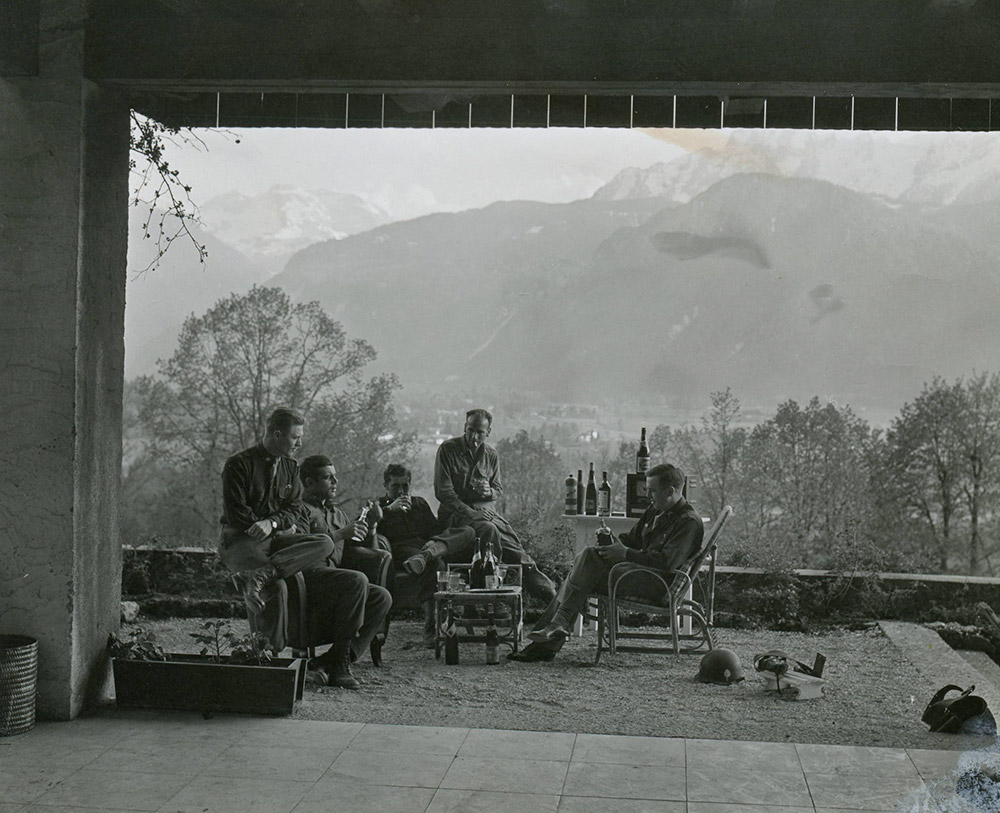 Major Richard Winters, Captain Lewis Nixon, and other officers of Easy Company (portrayed in HBO’s Band of Brothers) celebrate V-E day in Hitler’s private residence, Berchtesgaden, in the Bavarian Alps. May 8, 1945