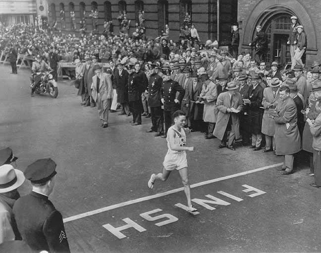 19 year-old Shigeki Tanaka was a survivor of the atomic bombing of Hiroshima and he then went onto win the 1951 Boston Marathon. The crowd was silent.
