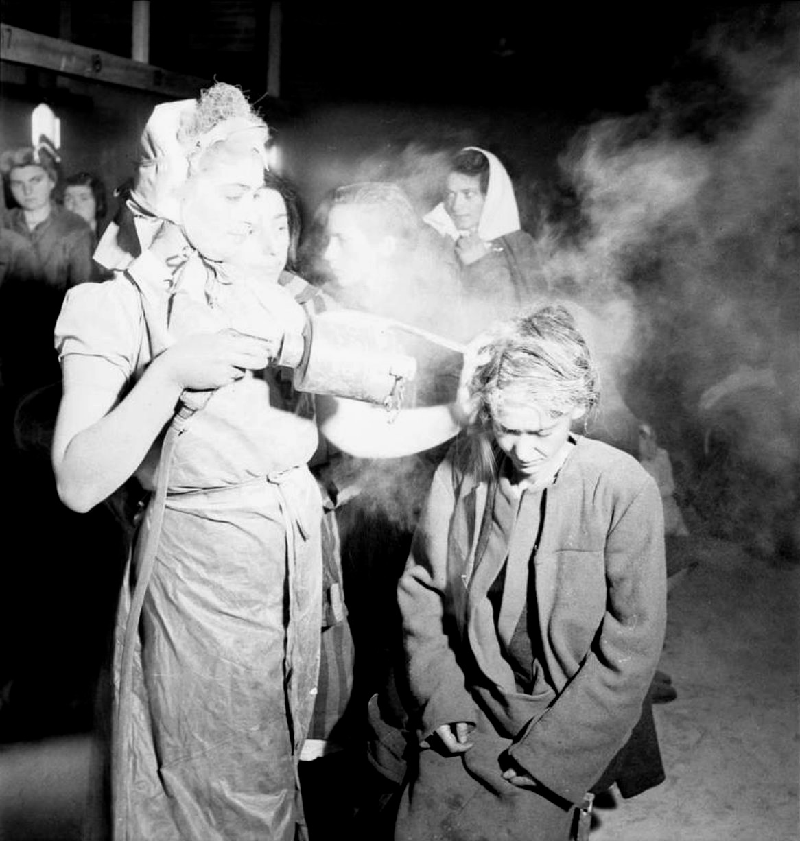 Newly liberated female inmates at Bergen-Belsen concentration camp are dusted with DDT powder to kill lice which spreads typhus. May, 1945.
