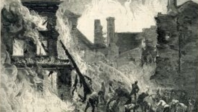 In 1875, 13 people died of alcohol poisoning after a brewery caught fire. The fire had caused wooden casks to burst open, resulting in whiskey flowing through the streets. Some men reportedly used their boots to scoop up the free liquor.