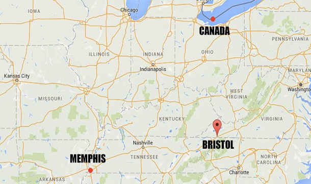 Bristol, Tennessee is closer to Canada than it is to Memphis.