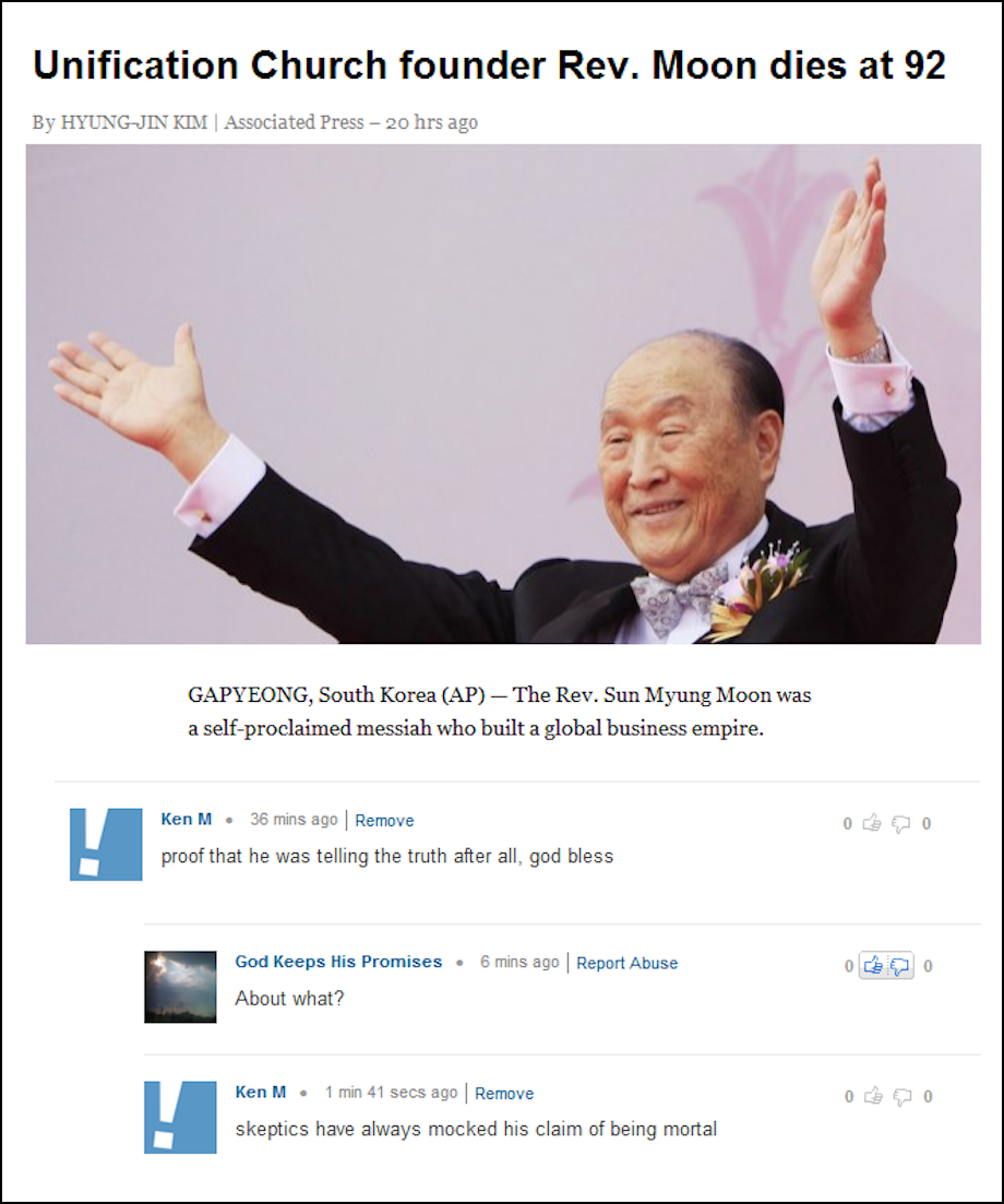 reddit kenm - Unification Church founder Rev. Moon dies at 92 By HyungJin Kim | Associated Press 20 hrs ago Gapyeong, South Korea Ap The Rev. Sun Myung Moon was a selfproclaimed messiah who built a global business empire. Ken M. 36 mins ago Remove proof t