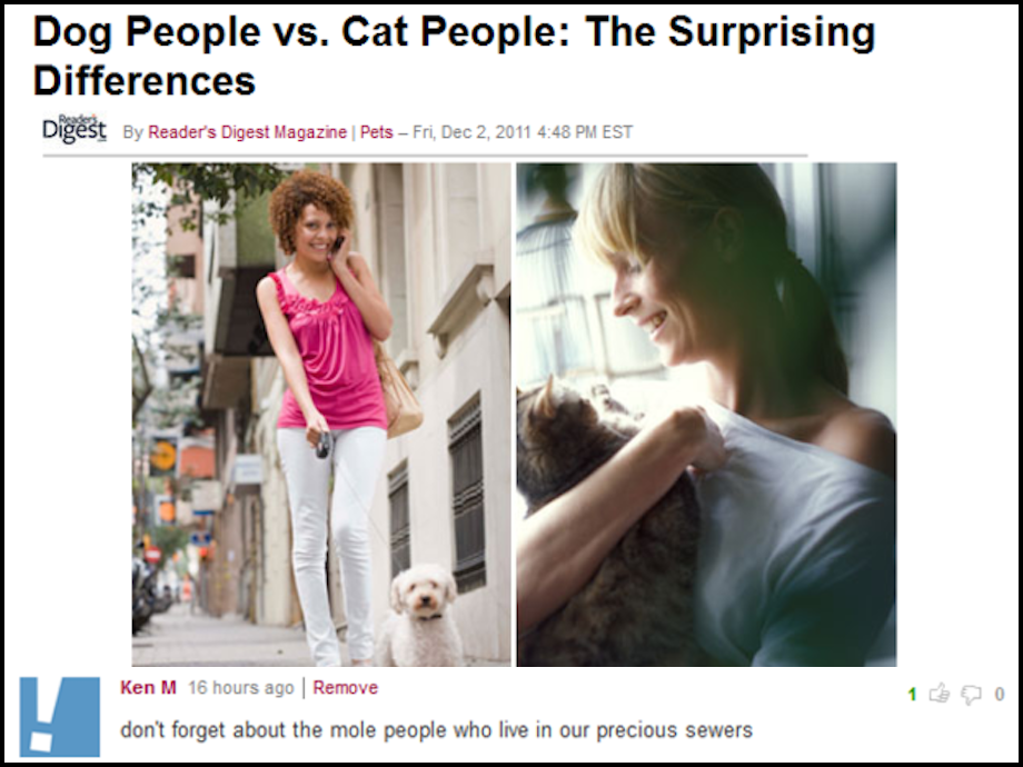 ken m comments - Dog People vs. Cat People The Surprising Differences Digest By Reader's Digest Magazine Pets Fri Est Ken M 16 hours ago Remove don't forget about the mole people who live in our precious sewers