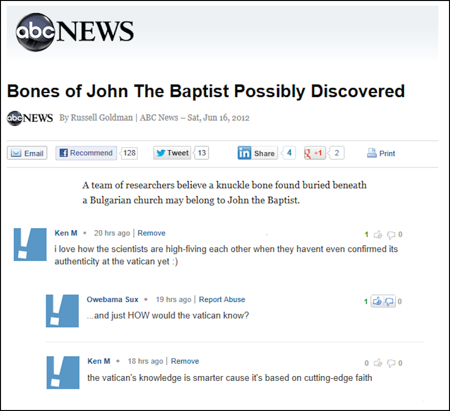 ken m best - abcNEWS Bones of John The Baptist Possibly Discovered abcNEWS By Russell Goldman | Abc News Sat, M Email Recommend 128 y Tweet 13 in 4 g 1 2 Print A team of researchers believe a knuckle bone found buried beneath a Bulgarian church may belong