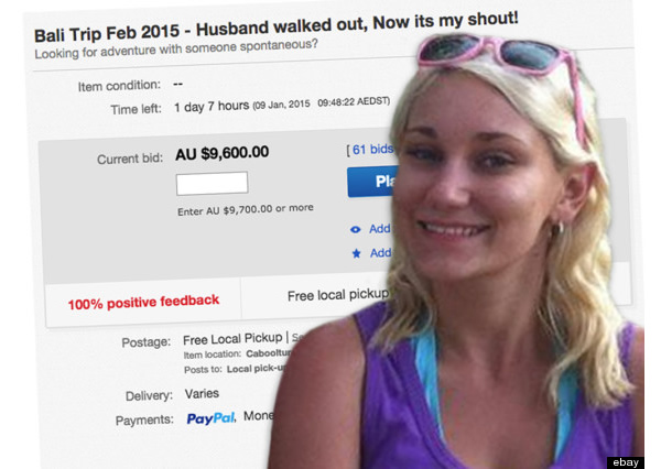 An Australian woman whose husband walked out on her is getting her sweet revenge — by selling his place on a luxury trip to Bali on eBay.

Sarah-Jane Bell had booked a surprise trip for her and her husband in early 2014, but when she returned home to find he had left her, she started looking for a new travel partner. She explained on eBay: “My husband decided to pack up and call it quits, leaving a note on the bed when I returned from work. The rest is history, and that's why I have opted for the exciting option of none other but to AUCTION the return flight and accommodation with myself right here!”

The listing includes Brisbane to Bali flights and a hotel stay. There's no catch — she just wants a travel companion and someone to make "everlasting memories" with. “Please be mindful that this is not a vacation to get sexed up in any way, shape or form,” she added. “This is purely platonic. Yes, I may be single. However, there is no guarantee that anything will come from this trip.”