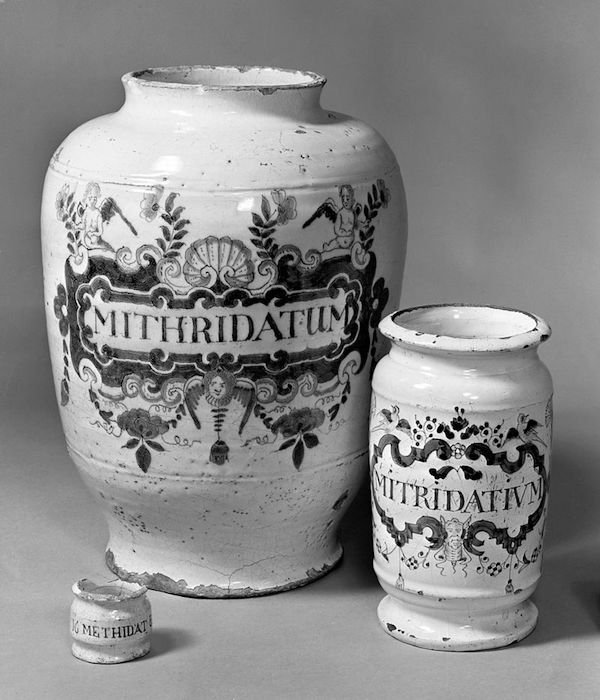 Mithridate.
An extremely old recipe of 65 herbs, this remedy was supposed to cure any kind of poisoning. The inventor, in the 1st Century BC, actually tried several different poisons to kill himself, and was unable to. Soon after, he was stabbed to death by soldiers (some say it was his request, as he couldn’t die from poisoning), and his recipe was translated and altered until the true recipe was lost.