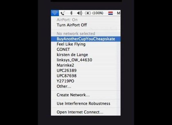 airport icon - 100% M AirPort On Turn AirPort Off No network selected BuyAnotherCupYouCheapskate Feel Flying Gonet Kirsten de Lange linksys_OW_44630 Marinke2 UPC26389 UPC87698 Y2719PO Other... Create Network... Use Interference Robustness Open Internet Co