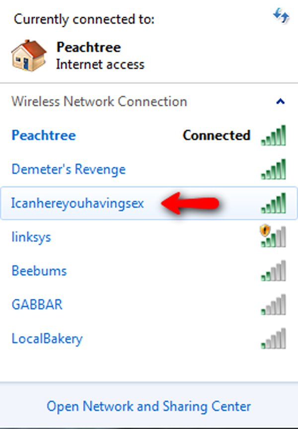 wifi name memes - Currently connected to Peachtree Internet access Wireless Network Connection Peachtree Connected Demeter's Revenge Icanhereyouhavingsex linksys Beebums Gabbar LocalBakery Open Network and Sharing Center