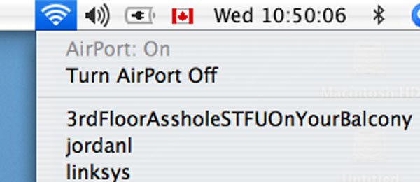 Wi-Fi - Wed 06 AirPort On Turn AirPort Off 3rd FloorAssholeSTFUOn YourBalcony jordani linksys