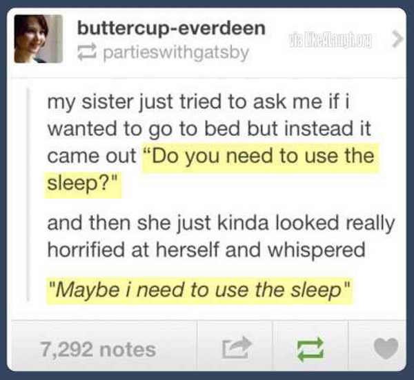 tumblr - quotes - buttercupeverdeen partieswithgatsby my sister just tried to ask me if i wanted to go to bed but instead it came out "Do you need to use the sleep?" and then she just kinda looked really horrified at herself and whispered "Maybe i need to