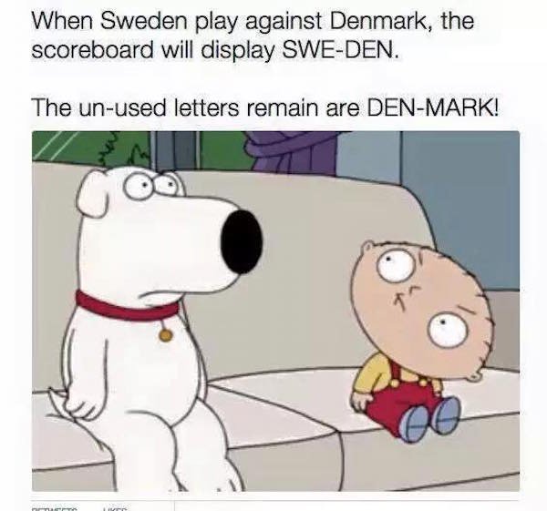 tumblr - den mark swe den - When Sweden play against Denmark, the scoreboard will display SweDen. The unused letters remain are DenMark!
