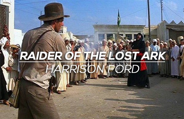 One shot.
The scene was actually staged and rehearsed to be an epic whip vs. sword battle, but an ill Harrison Ford wasn’t up to performing the full scene. Instead, he and director Steven Spielberg came up with the now iconic gun ending.