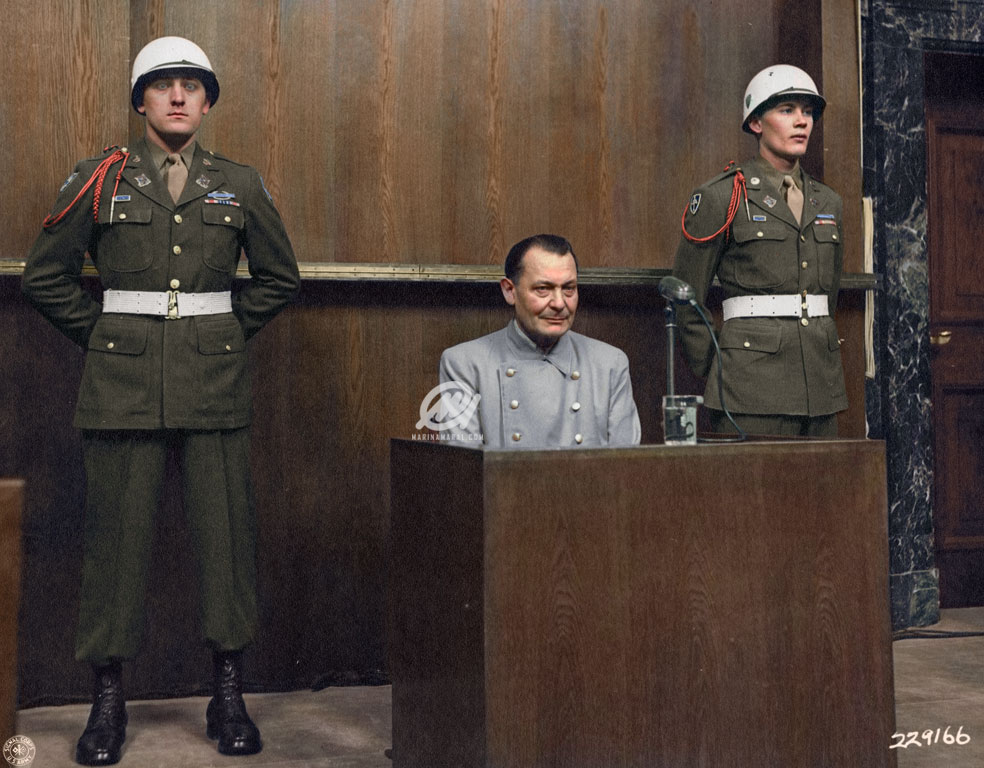Hermann Göring sits in the dock at the Nuremberg trial, 1946