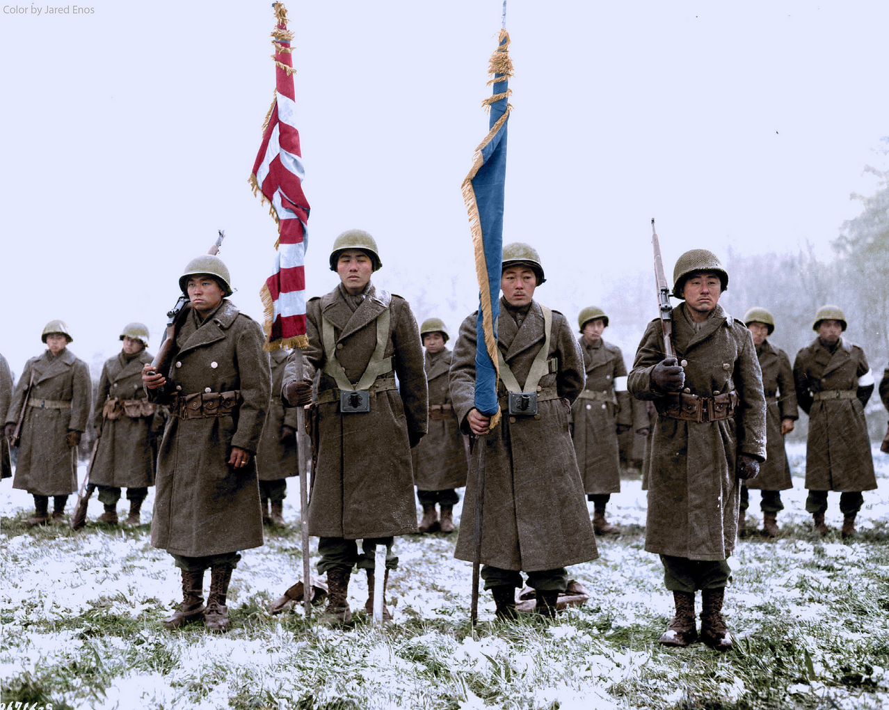 Two color guards and color bearers of the Japanese-American 100th Battalion, 442d Combat Team, stand at attention, while their citations are read. They are standing on ground in the Bruyères area, France, where many of their comrades fell. November 12 1944