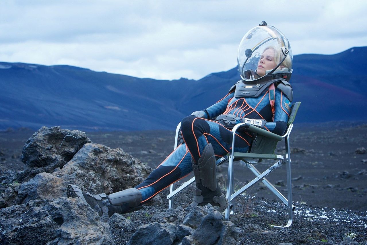 Charlize Theron taking a break while filming Prometheus