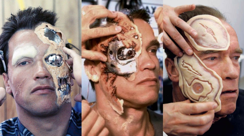 Arnold Schwarzenegger in the makeup chair to become the T-800 in “The Terminator”, “T2: Judgment Day”, and “Terminator: Genisys” (1984-2015)