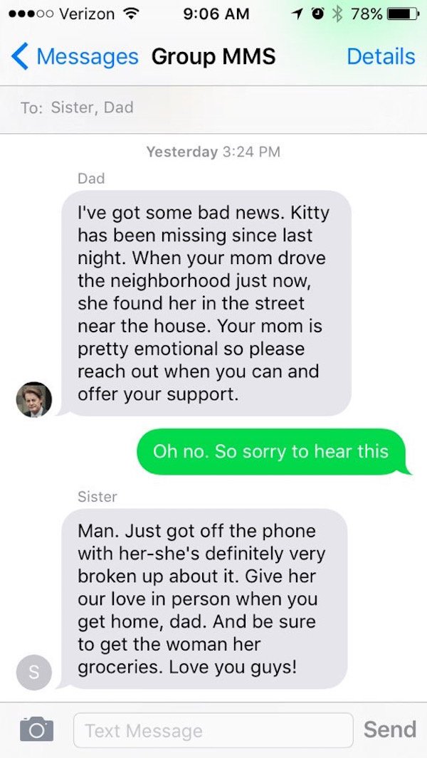 Group text about losing a family pet takes a hilariously morbid turn