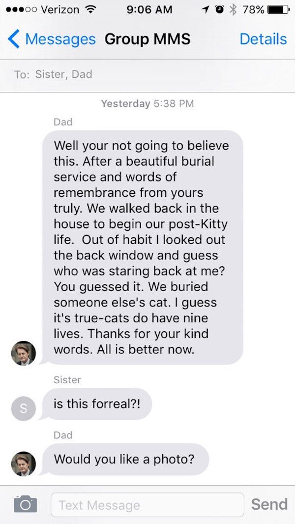 Group text about losing a family pet takes a hilariously morbid turn