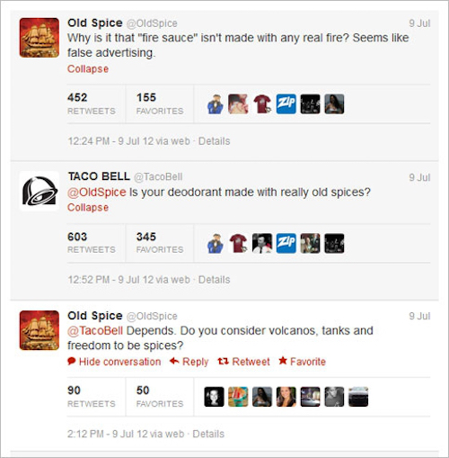 taco bell old spice twitter - Old Spice 9 Jul Why is it that "fire sauce" isn't made with any real fire? Seems false advertising Collapse 452 155 Favorites Zpn 9 Jul 12 via web Details 9 Jul Taco Bell Bell Is your deodorant made with really old spices? Co