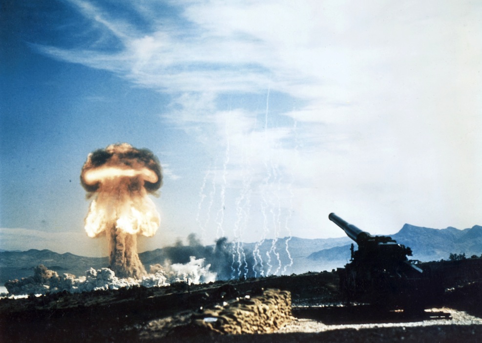 History’s first atomic artillery shell fired by “Atomic Annie” at Frenchman’s Flat, Nevada, 25th May 1953. 

“The fireball ascending at Frenchman’s Flat, Nevada from a test of history’s first atomic artillery shell. The shell was fired from the Army’s 280-mm Atomic Cannon. The MK-9 artillery shell was propelled a distance of seven miles, culminating in a 15 kiloton airburst. Hundreds of high ranking military officers and members of the U.S. Congress were present, including Secretary of Defense Charles E. Wilson and designated Chairman of the Joint Chiefs of Staff Admiral Arthur W. Radford. Operation Upshot-Knothole, Test Grable, 25 May 1953.