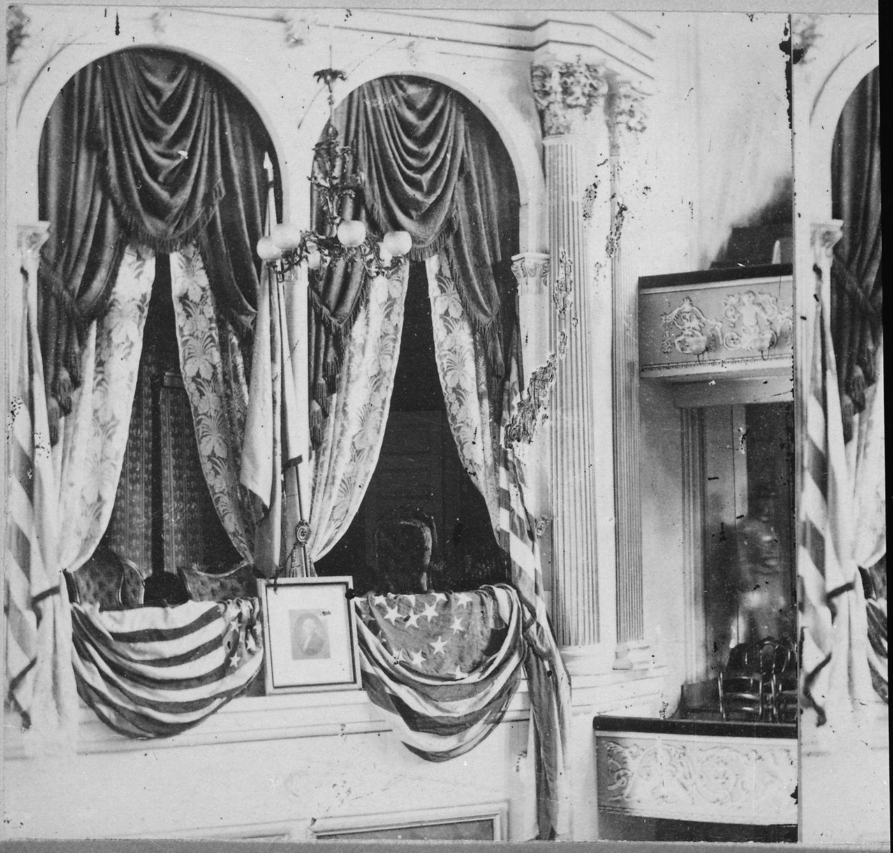 Private box in Ford’s Theater, Washington, where President Lincoln was assassinated by John Wilkes Booth on the night of April 14, 1865.