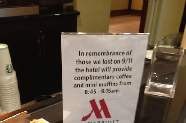 In 2013, this sign from the Marriott hotel chain was posted to Twitter, enraging many. The location of the offending hotel was believed to be in the San Diego area but was otherwise never disclosed. The corporate giant hotel released the following statement when the photo went viral: “We are aware of the picture that was tweeted. It shows an offer that was made independently by the hotel and not the Marriott Hotels brand. As far as we know, it was limited to one property. While the hotel was making a sympathetic gesture to its guests in remembrance of 9/11, we apologize and understand why some people may have misunderstood the intent of the offer. We are reminding our hotels to use discretion and be sensitive when remembering major events such as 9/11.”