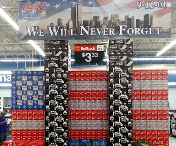 Universal ridicule was the name of the game for this tasteless 9/11 display in a Panama City Beach, Florida Walmart. The display featured cases of soda shaped like the World Trade Center buildings with an American flag behind them to entice customers to buy the soft drink as the 15th anniversary of the Sept. 11 attacks approaches. 

After the public outcry, the display was removed. Walmart spokesman Charles Crowson said Coke shares its display ideas with Walmart and apparently approved this one.
