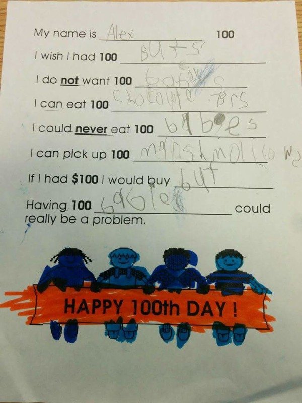 handwriting - My name is 100 I wish I had 100 00_BUIS I do not want 100 I can eat 100 Chocolate Brs I could never eat 100 blbees I can pick up 100 marshmal If I had $100 l would buy bu Having 10069 Olen could really be a problem. Happy 100th Day!